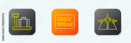 Set line Scale with suitcase, Liquids in carry-on baggage and Plane icon. Vector
