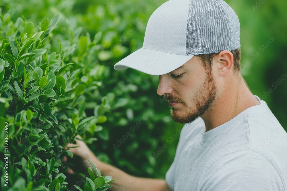 Young man gently inspecting vibrant green foliage in lush garden, showcasing dedication to horticulture and the appreciation of nature's beauty. Young man gently inspecting vibrant green foliage in lush garden, showcasing dedication to horticulture and the appreciation of nature's beauty.