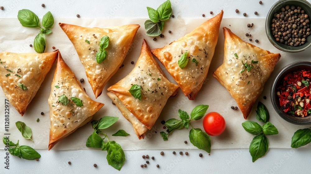 Golden-brown pastries arranged on parchment paper, garnished with basil and peppercorns. Golden-brown pastries arranged on parchment paper, garnished with basil and peppercorns.