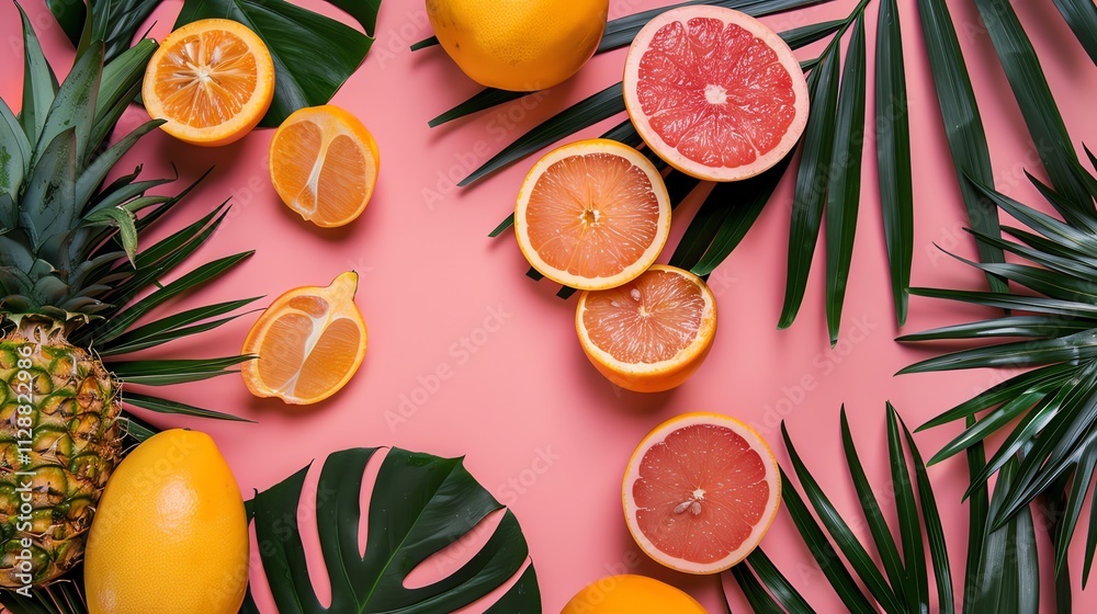 A flat lay of fresh tropical fruits and palm leaves on a pink background. A flat lay of fresh tropical fruits and palm leaves on a pink background.