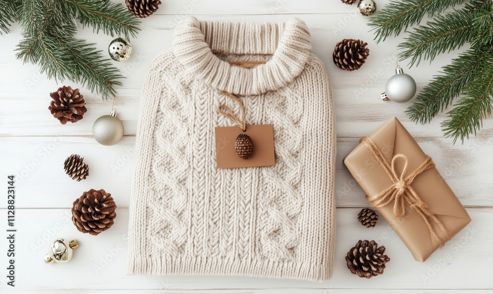 Cozy knitted sweater with pinecones and holiday decorations, featuring gift box and pine branches Cozy knitted sweater with pinecones and holiday decorations, featuring gift box and pine branches