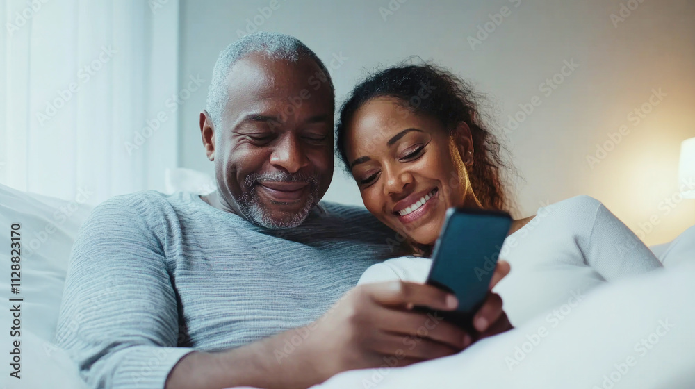 Delighted couple enjoying morning moments together while exploring a smartphone Delighted couple enjoying morning moments together while exploring a smartphone