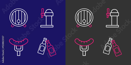 Set line Beer bottle, Sausage on the fork, Dispenser beer and Wooden barrel icon. Vector