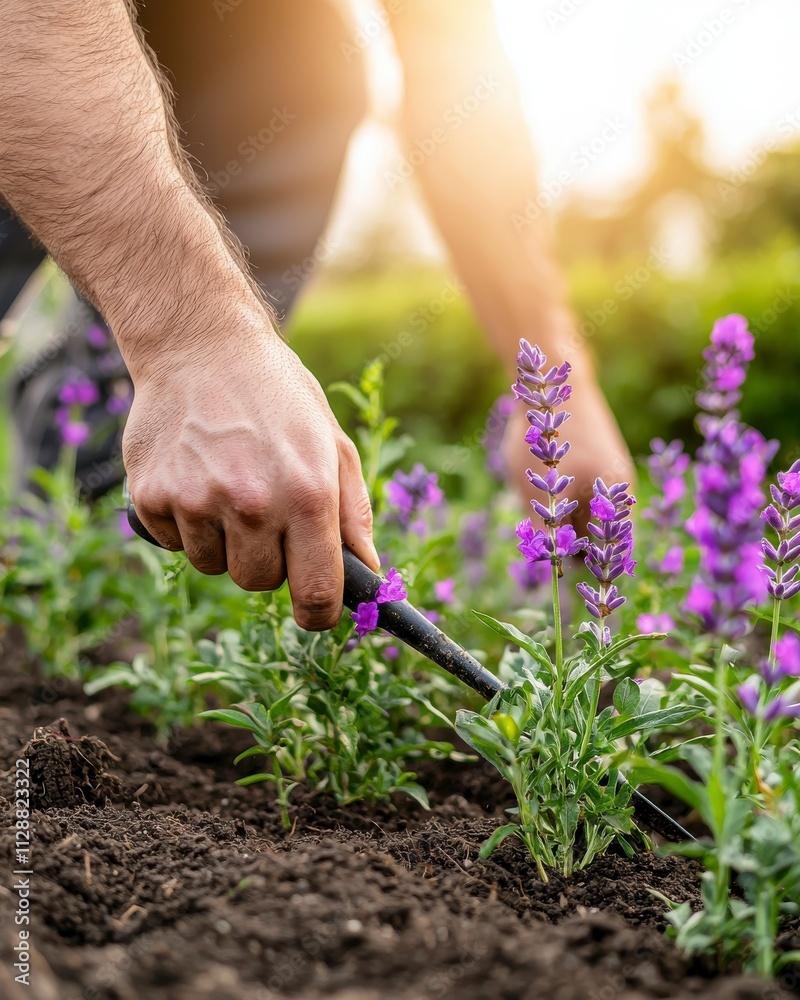 Fototapeta premium Close-Up of a Gardener Tending to Vibrant Purple Flowers in a Lush Garden with Soft Sunlight Illuminating the Scene During a Warm Afternoon