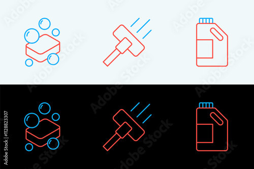 Set line Bottle for cleaning agent, Bar of soap and Vacuum cleaner icon. Vector