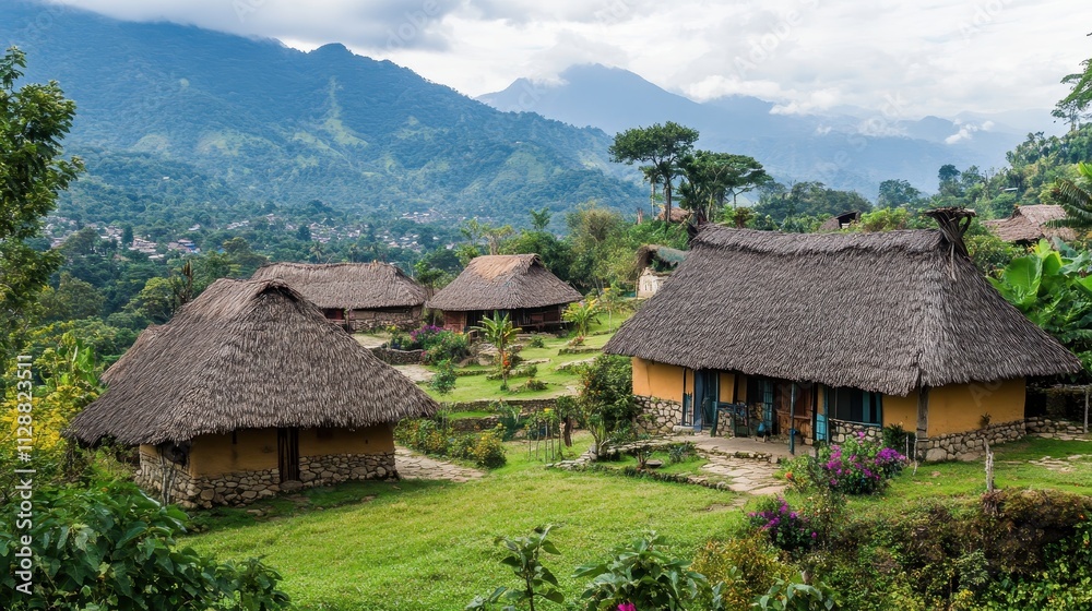 Serene Mountain Village: Traditional Houses in Lush Valley Serene Mountain Village: Traditional Houses in Lush Valley