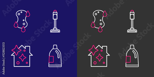 Set line Bottle for cleaning agent, Home service, Vacuum cleaner and Sponge icon. Vector