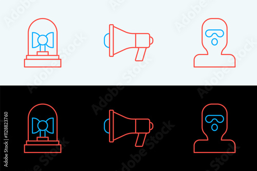 Set line Thief mask, Flasher siren and Megaphone icon. Vector