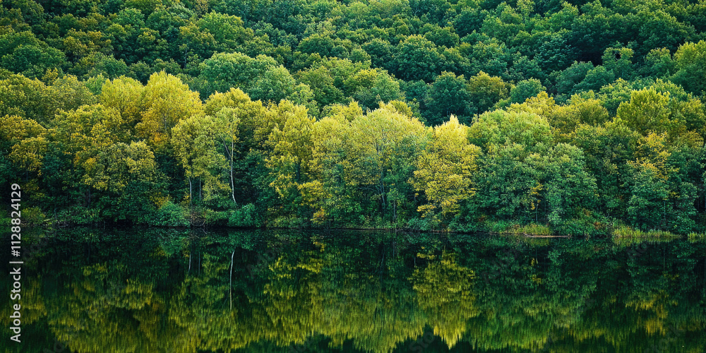Fototapeta premium Seasonal transformation in a dense forest showcasing summer greens and autumn shades