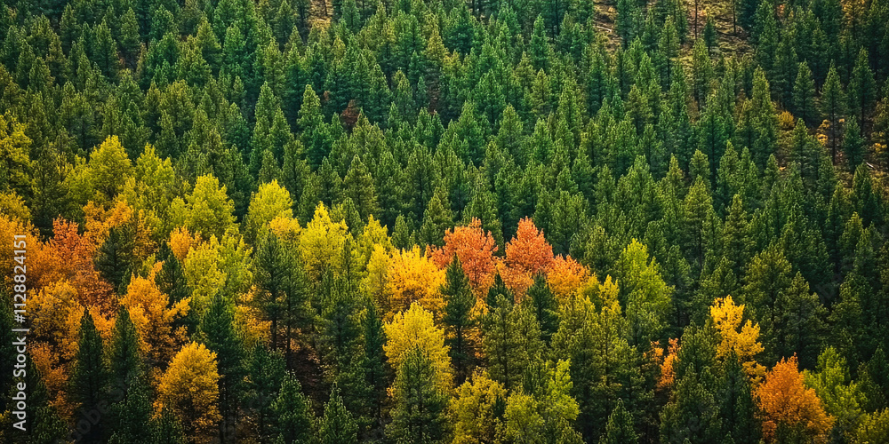 Seasonal transition in a dense forest showcasing vibrant summer greens and autumn hues Seasonal transition in a dense forest showcasing vibrant summer greens and autumn hues