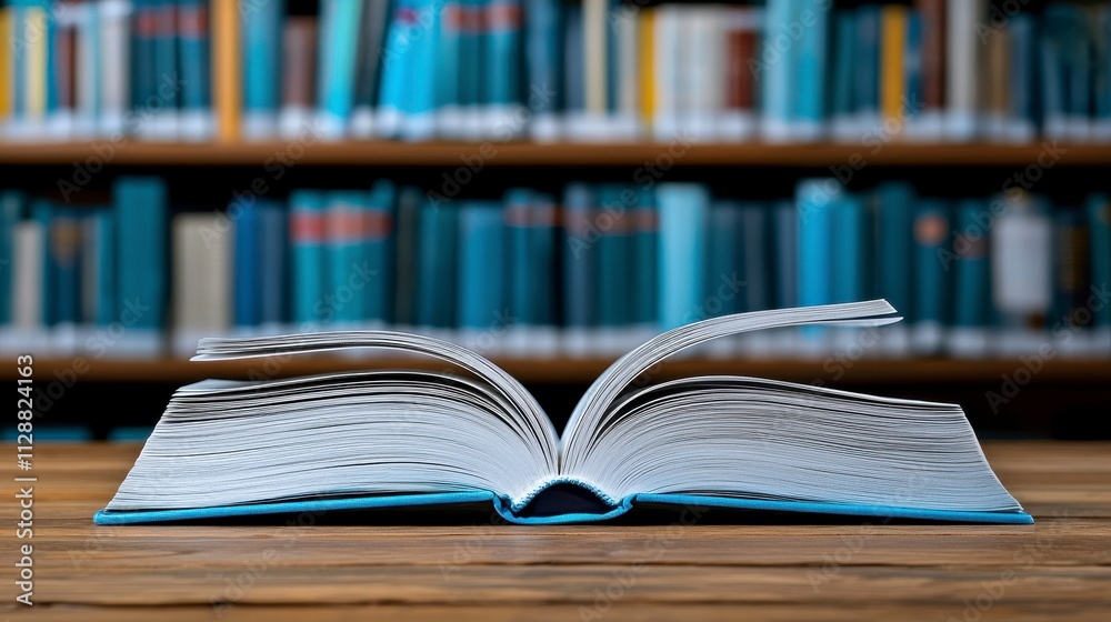 Open Book on Wooden Table with Blurred Bookshelf Background Featuring Rows of Colorful Spines Showcasing Knowledge and Learning Atmosphere Open Book on Wooden Table with Blurred Bookshelf Background Featuring Rows of Colorful Spines Showcasing Knowledge and Learning Atmosphere