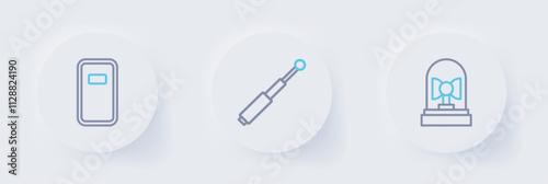 Set line Flasher siren, Telescopic baton and Police assault shield icon. Vector