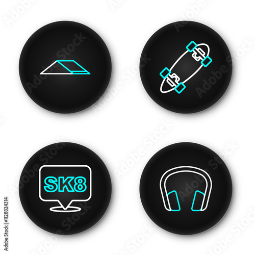 Set line Headphones, Skateboard, Longboard or skateboard and park icon. Vector