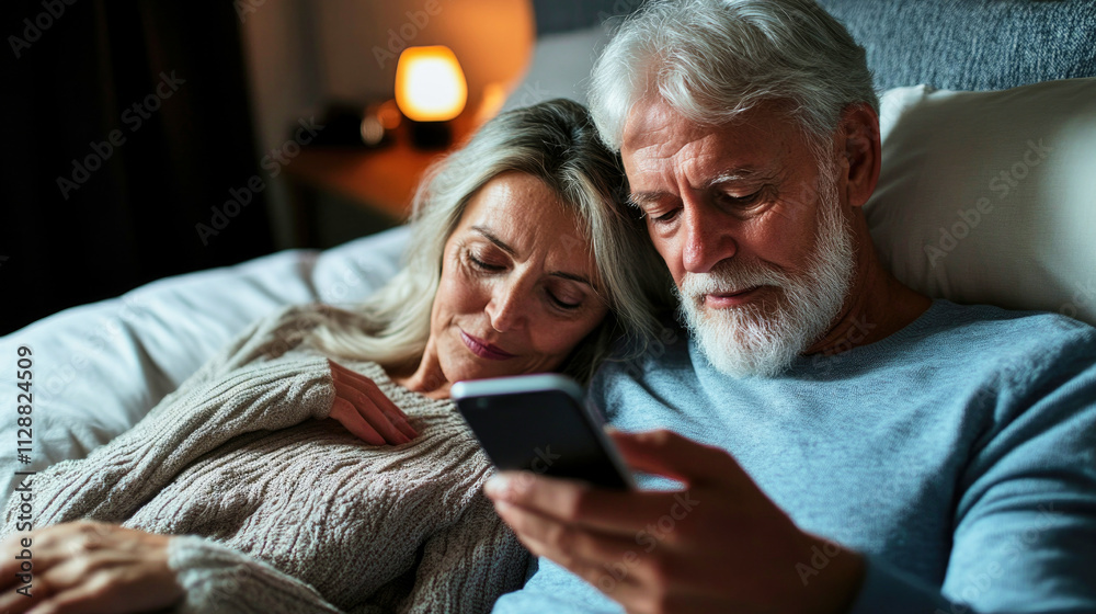 Tech-savvy couple exploring smartphone features together in bed at night Tech-savvy couple exploring smartphone features together in bed at night