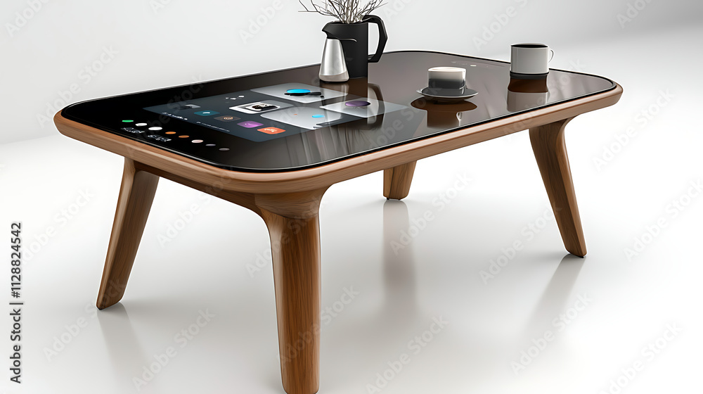 A wooden coffee table with a screen on top and a vase of flowers on it A wooden coffee table with a screen on top and a vase of flowers on it