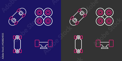 Set line Skateboard wheel, Longboard or skateboard, and icon. Vector