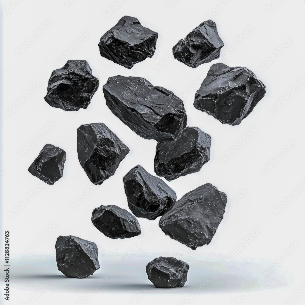 Black rocks in the air Isolated on white background. Black rocks in the air Isolated on white background.