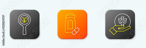 Set line Broken heart or divorce, Sedative pills and Psychology, Psi icon. Vector