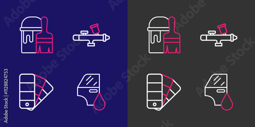 Set line Car painting, Color palette guide, Paint spray gun and bucket with brush icon. Vector