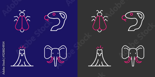 Set line Elephant, Volcano eruption, Snake and Mosquito icon. Vector