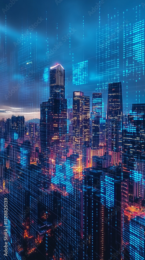 Fototapeta premium Futuristic city skyline with digital graphs and glowing lights at night