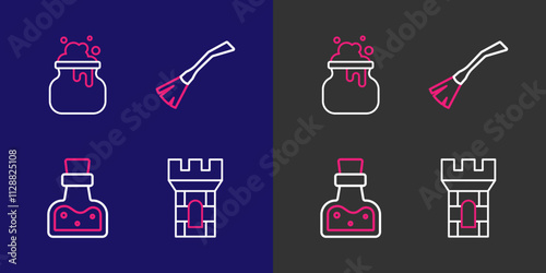 Set line Castle tower, Bottle with potion, Witches broom and cauldron icon. Vector photo