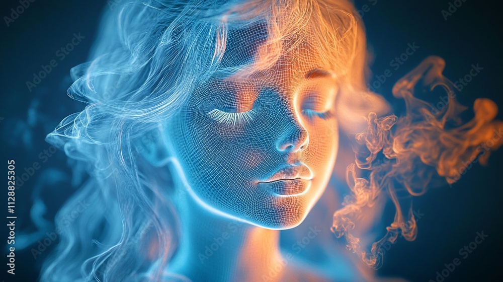 Serene female face rendered in cool and warm smoke. Serene female face rendered in cool and warm smoke.