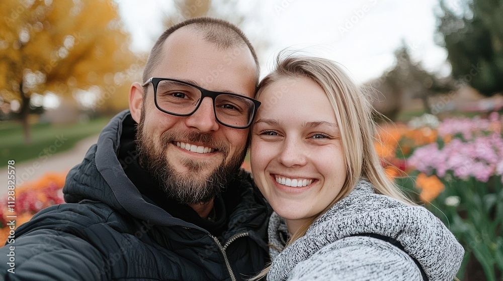 Fototapeta premium Happy Couple Selfie Autumn Park Flowers