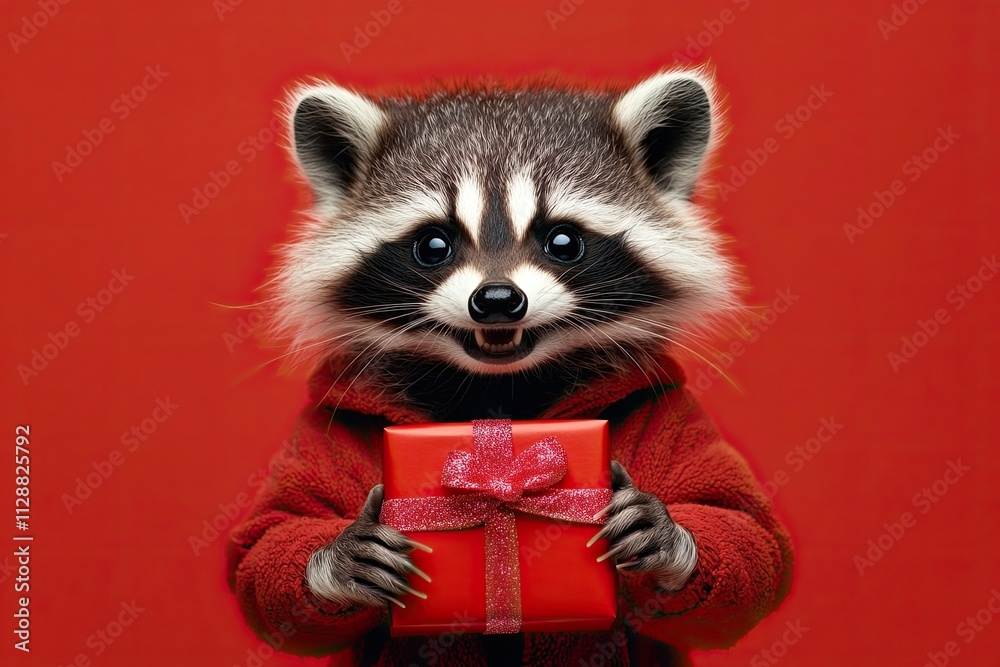raccoon. with a gift in hand. beautifully packaged box. huge smile. in a tracksuit. on a plain bright festive background. raccoon. with a gift in hand. beautifully packaged box. huge smile. in a tracksuit. on a plain bright festive background.