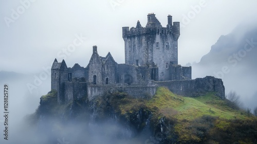 ancient castle ruins on a hilltop, surrounded by mist, haunting and mysterious, perfect setting for a historical adventure or fantasy story photo