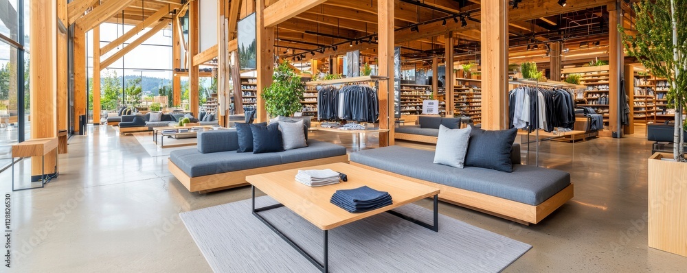 Modern Retail Store Interior with Wooden Beams and Comfortable Seating Modern Retail Store Interior with Wooden Beams and Comfortable Seating