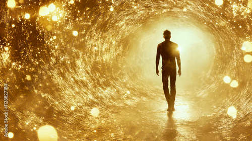 Man's figure entering glittering golden portal to another plane of existence. Coma, exoteric near death experience photo