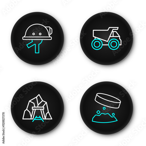 Set line Giant magnet holding iron dust, Mine entrance, Mining dump truck and Miner helmet icon. Vector