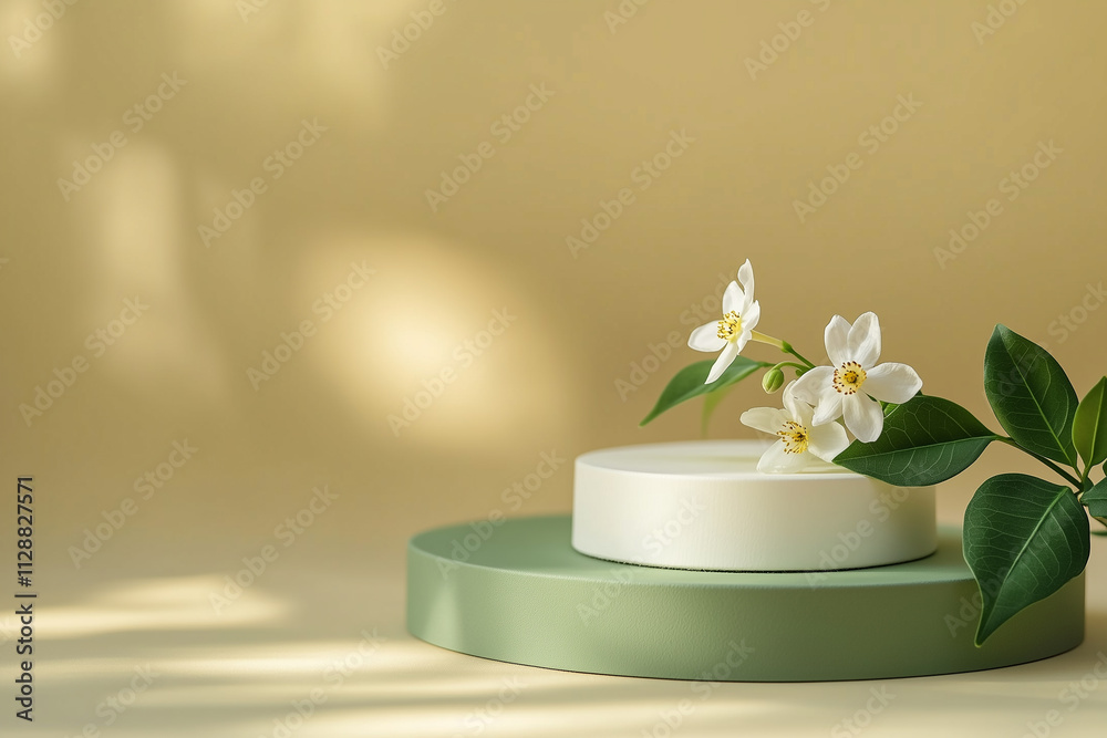 Empty white round podium with jasmine flowers and green leaves on a beige background for product presentation with architectural lighting. Presentation of product. Ads podium for beauty and beverages Empty white round podium with jasmine flowers and green leaves on a beige background for product presentation with architectural lighting. Presentation of product. Ads podium for beauty and beverages