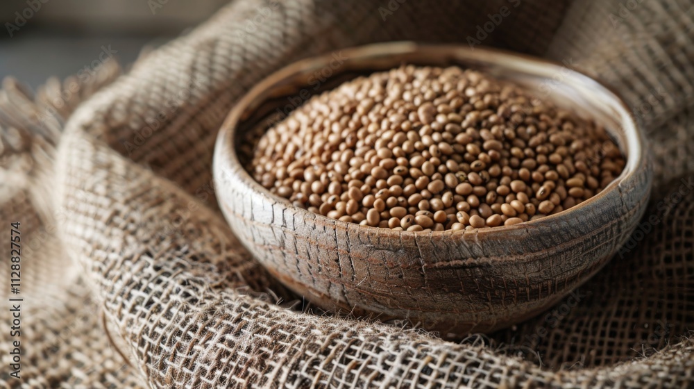 Fototapeta premium Wooden bowl of beans on burlap, symbolizing vegan protein sources.