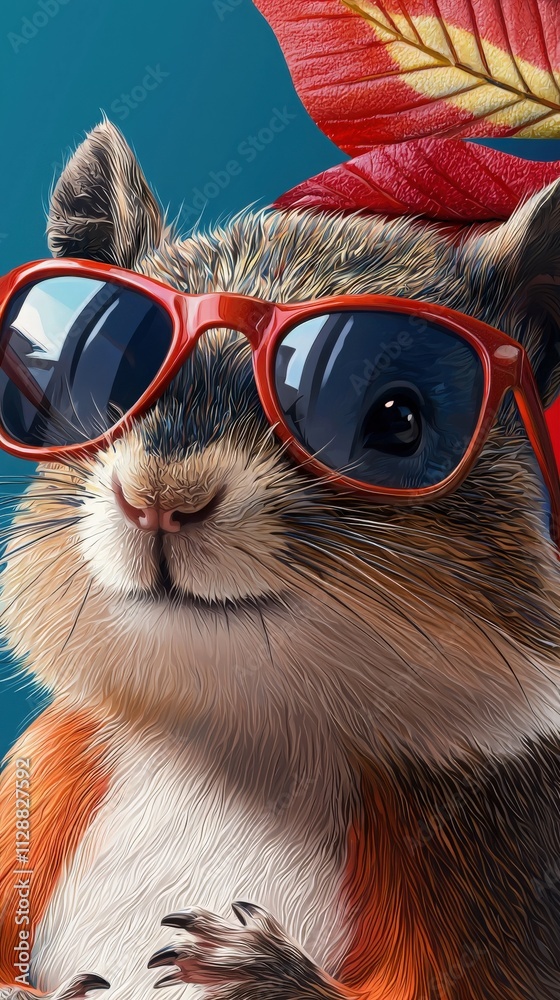 A playful squirrel sports bright red sunglasses and a colorful leaf on its head. The vibrant colors highlight its fluffy fur, showcasing a whimsical autumn vibe in nature.