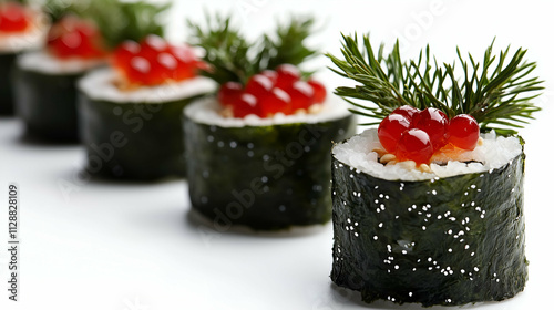 Wallpaper Mural Sushi rolls wrapped in seaweed, topped with vibrant red roe and garnished with green festive sprigs. A perfect blend of traditional Japanese flavors and elegant holiday presentation. Torontodigital.ca