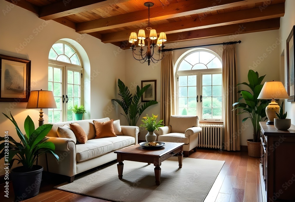 Fototapeta premium A cozy and rustic living room with wooden beams on the ceiling, arched windows, and a chandelier.
