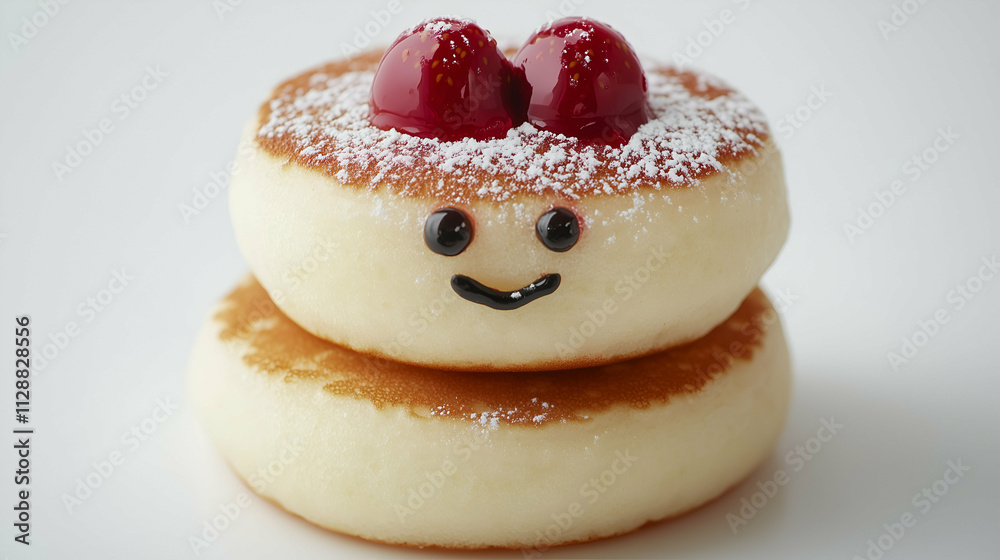 A stack of soft, fluffy pancakes topped with glossy cherries and powdered sugar, featuring a cheerful smiling face. A playful and adorable presentation perfect for a delightful breakfast or dessert. A stack of soft, fluffy pancakes topped with glossy cherries and powdered sugar, featuring a cheerful smiling face. A playful and adorable presentation perfect for a delightful breakfast or dessert.