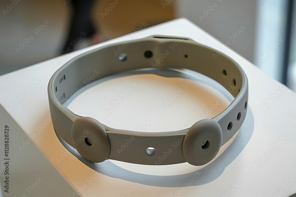Obraz premium A grey medical device, possibly a wearable sensor, rests on a white surface.