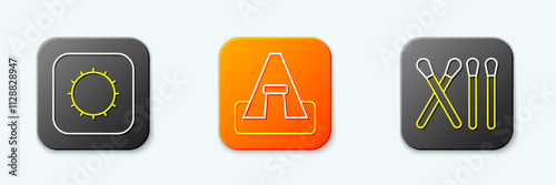 Set line Sun, Tourist tent and Match stick icon. Vector