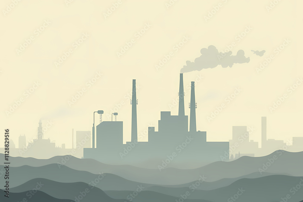Fototapeta premium Silhouetted industrial complex with smokestacks against a hazy background