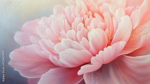 Pink peony flower in full bloom, petals layered and soft, creating delicate texture, symbolizing romance and tenderness.