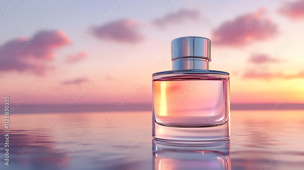Abstract fragrance bottle with a liquidlike form, floating in a surreal space Abstract fragrance bottle with a liquidlike form, floating in a surreal space
