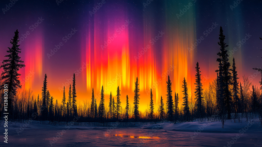 Beautiful polar lights over winter forest Beautiful polar lights over winter forest