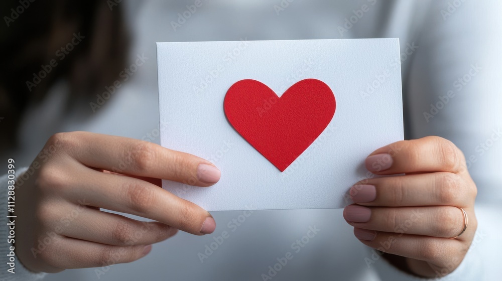 Woman Holding White Card Red Heart Valentine's Day Woman Holding White Card Red Heart Valentine's Day