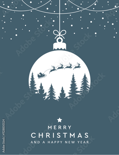 christmas greeting card with hanging ball decoration and flying santa vector illustration