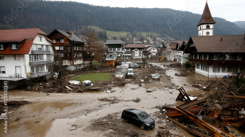 Heavy land-flood on town streets, wrecked cars, mud and debris everywhere, natural disaster photo