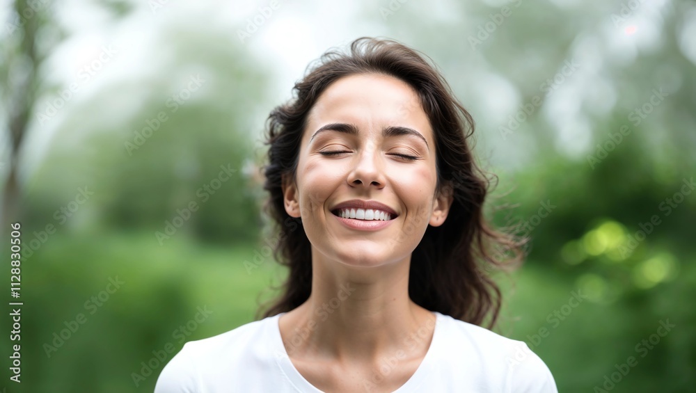 Close up of happy young Caucasian woman isolated on blurred background dream visualize with eyes closed. Smiling dreamy female breathe fresh air relieve negative Close up of happy young Caucasian woman isolated on blurred background dream visualize with eyes closed. Smiling dreamy female breathe fresh air relieve negative