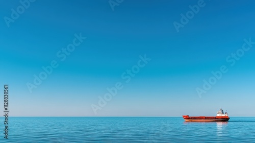 Orange cargo ship on calm blue ocean under clear sky during tranquil daytime scene